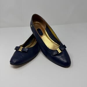 John Romaine Navy Leather Ballet Flats Bow Gold Logo 9AA